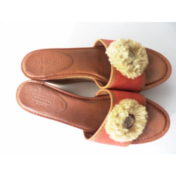 COACH JAZMIN PLATFORM WEDGE RED CANVAS & BROWN LEATHER SLIDE SANDAL SHOE US 9M - Picture 3 of 8